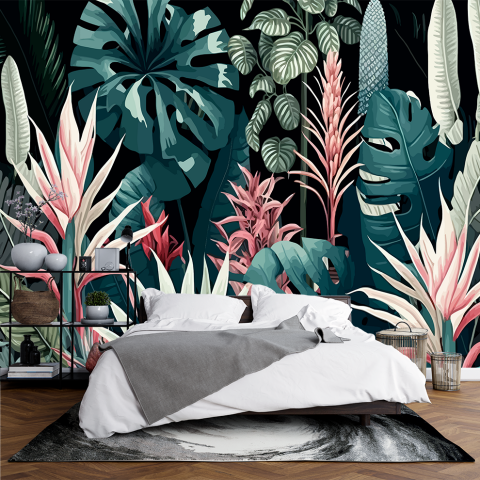 Fototapet fara imbinari flori si frunze tropicale colorate [1]