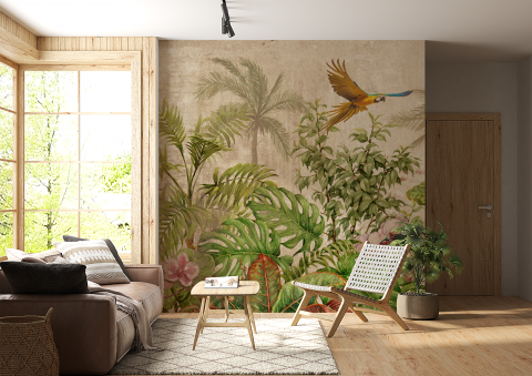 Tropical - Fototapet fara imbinari Frunze Jungla Verde Papagal