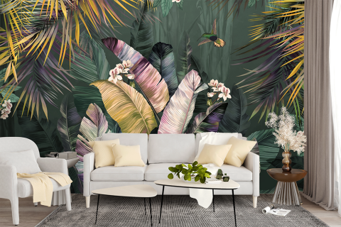Tropical - model fototapet fara imbinari de la Dreamwall.ro pentru orice incaperec frunze tropiale colorate