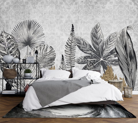 model fototapet personalizat alb negru cu frunze tropical tema natura pentru orice incapere [1]