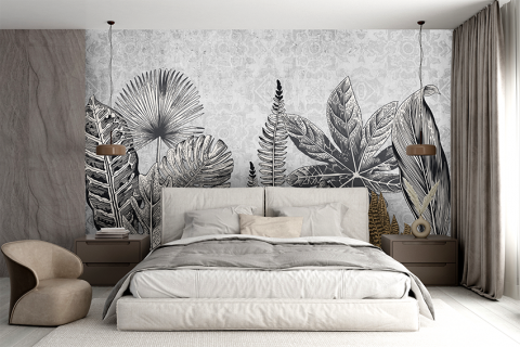 Frunze - model fototapet personalizat alb negru cu frunze tropical tema natura pentru orice incapere