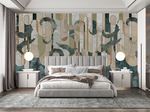 model fototapet grunge personalizat cu forme geometrice si frunze [2]