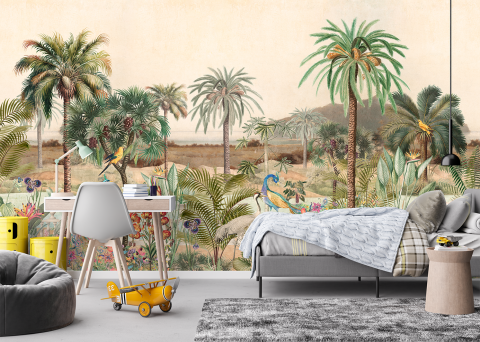 Frescă - Fototapet fara imbinari gradina tropicala pauni fresca
