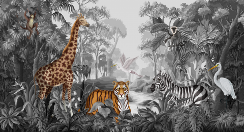 model de fototapet alb si negru cu animale in jungla motiv tropical [2]