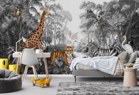 model de fototapet alb si negru cu animale in jungla motiv tropical [1]