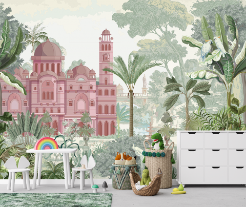 Tropical - Fototapet fara Imbinari pentru copii Castel Roz In Padure Tropicala