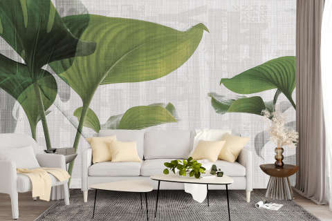 model de fototapet personalizat fara imbinari cu funze pe fundal bej motiv tropical pentru orice incapere [1]