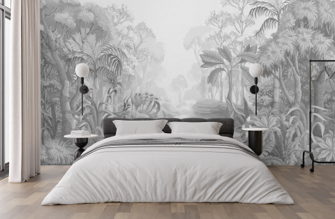 Frunze - model fototapet personalizat alb negru cu frunze tropical tema natura pentru orice incapere