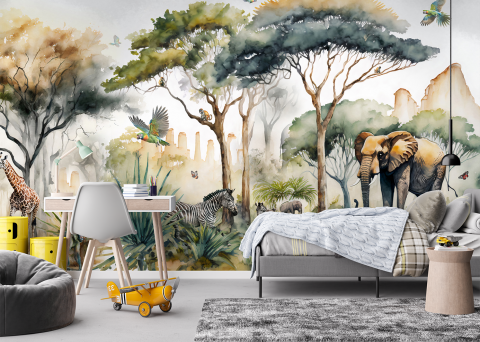Tropical - model fototapet personalizat fara imbinari cu animale in jungla pictate in acuarele motiv tropical