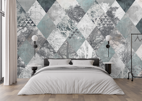 fototapet personalizat fara imbinari cu copaci in padure pe forme geometrice cu textura de ciment sau beton [2]