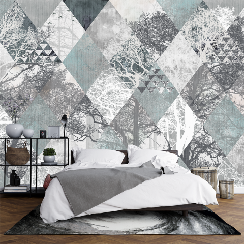 fototapet personalizat fara imbinari cu copaci in padure pe forme geometrice cu textura de ciment sau beton [1]