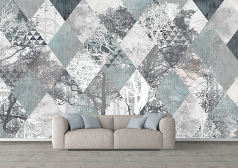 Abstract - fototapet personalizat fara imbinari cu copaci in padure pe forme geometrice cu textura de ciment sau beton