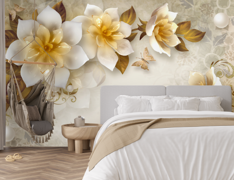 Fototapet 3D - Fototapet Fara Imbinri Trandafiri Albi - Living & Dormitor