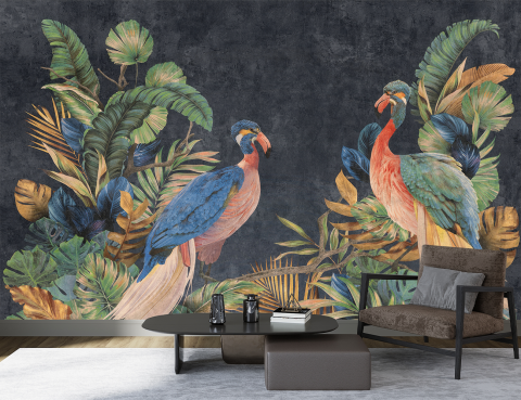 Frunze - Fototapet fără îmbinări cu un design exotic de păsări colorate și vegetație luxuriantă, ideal pentru living. Fundalul întunecat scoate în evidență culorile vibrante ale păsărilor și plantelor, creând un decor spectaculos și plin de viață.