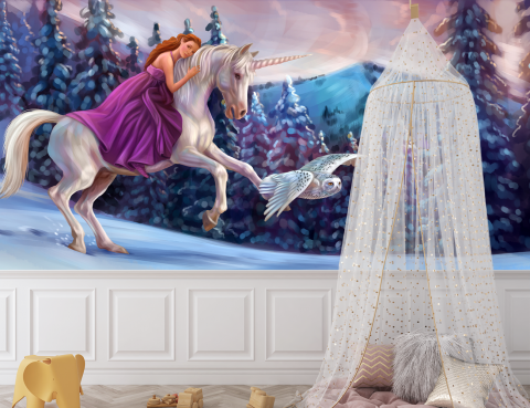 Fototapet Modern 3D - Dormitor & Living, Unicorn & Prințesă [1]