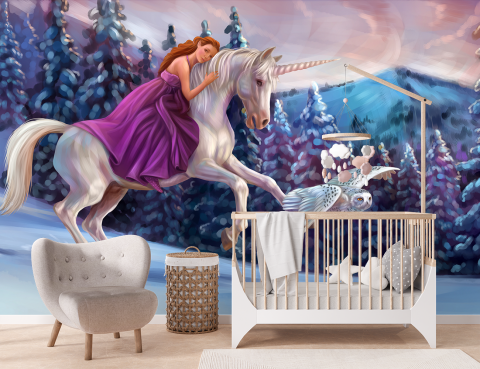 Pentru copii - Fototapet Modern 3D - Dormitor & Living, Unicorn & Prințesă