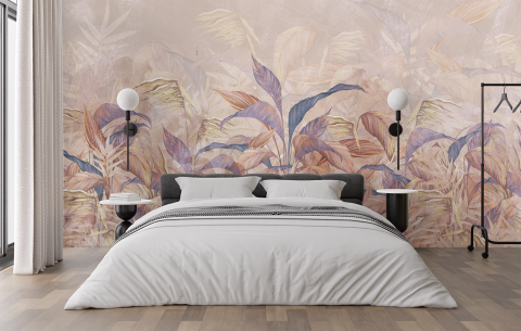 Tropical - mock-up cu fototapet fara imbinari personalizat in dormitor cu frunze colorate