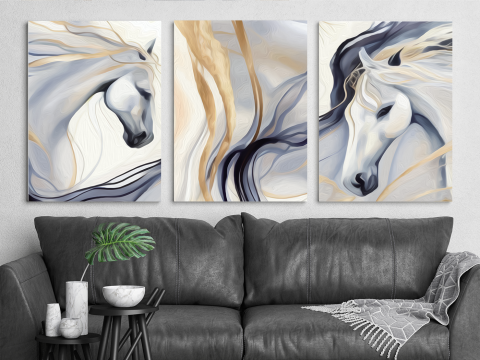 Tablouri Canvas - Tablou Canvas Din 3 Piese 3 X 60L X 100H Marble Horses
