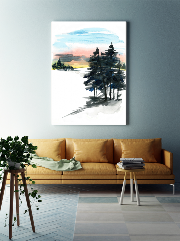 Tablou canvas munte acuarela brazi padure zapada iarna peisaj apus pictura [1]