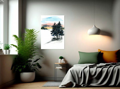 Tablou canvas munte acuarela brazi padure zapada iarna peisaj apus pictura [3]