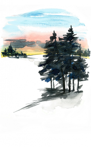Tablou canvas munte acuarela brazi padure zapada iarna peisaj apus pictura