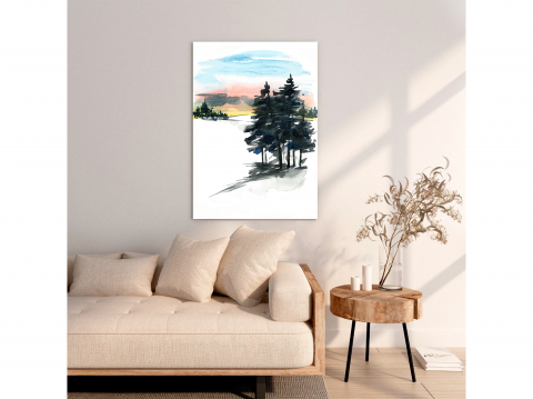 Tablou canvas munte acuarela brazi padure zapada iarna peisaj apus pictura [2]