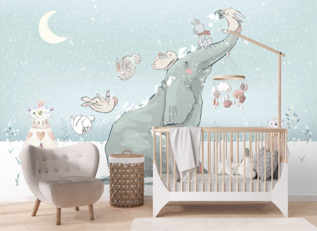 Watercolor - Fototapet Winter dream Elefant cu iepurasi