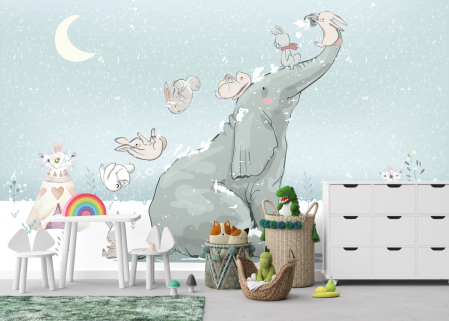 Fototapet Winter dream Elefant cu iepurasi [1]