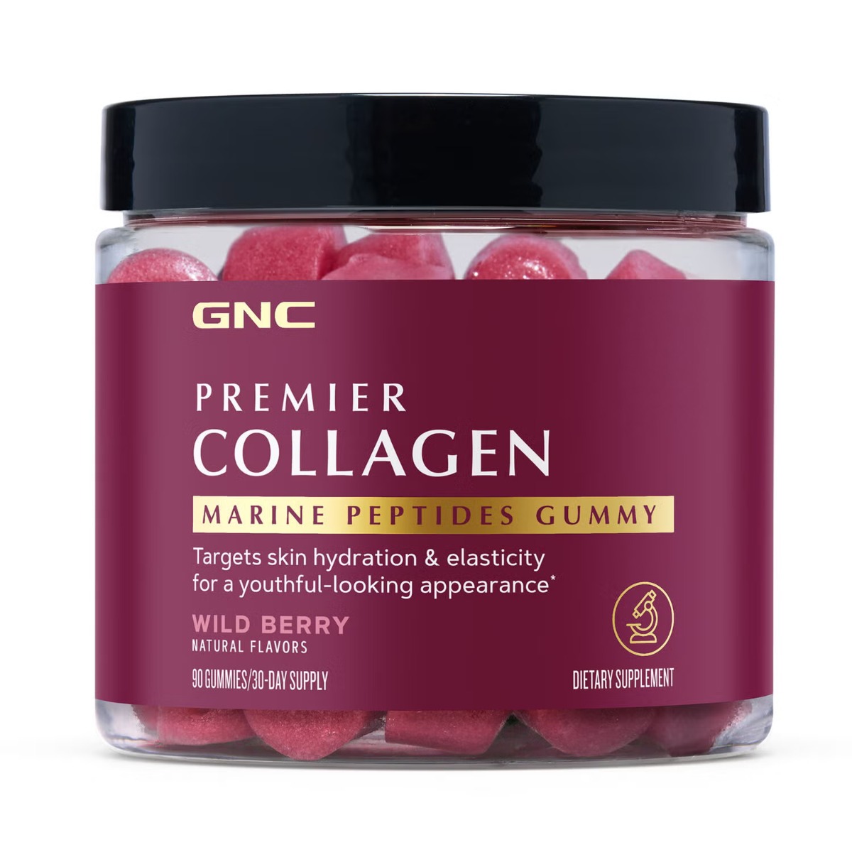 Suplimente alimentare - Gnc Premier Collagen Marine Peptides Gummy, Supliment Cu Peptide Marine Pentru Piele Si Par, Cu Aroma De Fructe De Padure Salbatice, 90 Jeleuri
