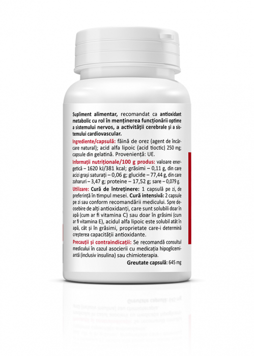 Acid Alfa lipoic 250mg - 60 Ccps(neuropatia diabetica, reducerea rezistentei la insulina,intepaturi in membre) [2]