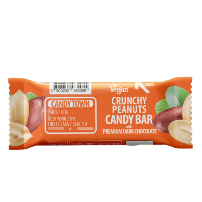 Baton Vegan - Candy town cu arahide invelit in ciocolată neagră premium, 100% natural, organic, bogat in fibre [1]