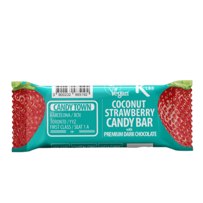 Baton Vegan - Candy town cu capsune şi cocos invelit in ciocolată neagră premium, 100% natural, organic, bogat in fibre [1]