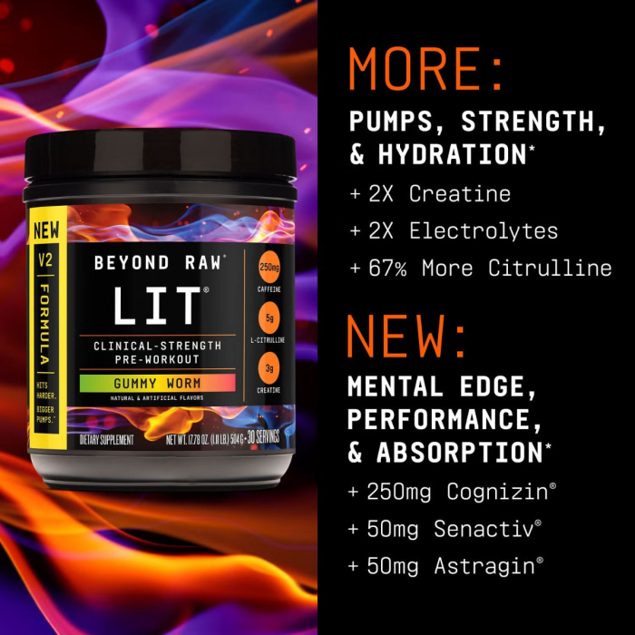 Beyond Raw Lit V2 Pre-workout With Gummy Worm Flavor, Pre-workout Cu Aroma De Jeleuri, 504 G [2]