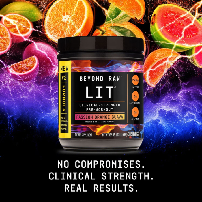 Beyond Raw Lit V2 Pre-workout With Passion Orange Guava Flavor, Pre-workout Cu Aroma De Passion Orange Guava, 468 G [6]