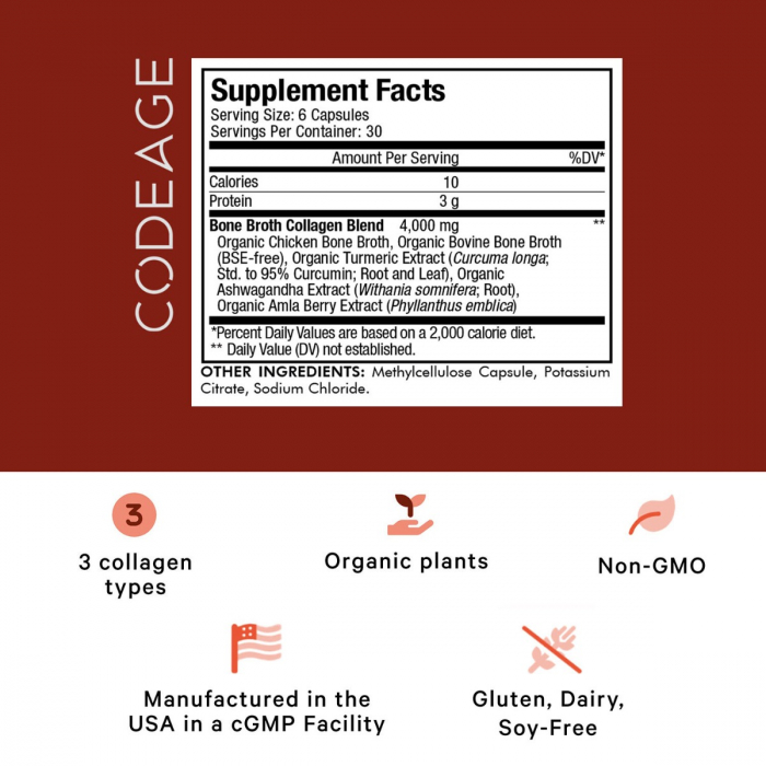 Codeage Bone Broth Collagen Peptides, Peptide Din Colagen De Tipul I, Ii & Iii Din Fiertura De Oase Cu Turmeric Si Ashwagandha, 180 Cps [4]
