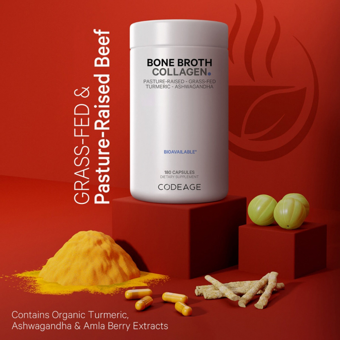 Codeage Bone Broth Collagen Peptides, Peptide Din Colagen De Tipul I, Ii & Iii Din Fiertura De Oase Cu Turmeric Si Ashwagandha, 180 Cps [5]