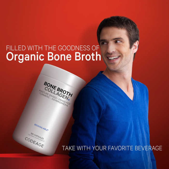 Codeage Bone Broth Collagen Peptides, Peptide Din Colagen De Tipul I, Ii & Iii Din Fiertura De Oase Cu Turmeric Si Ashwagandha, 180 Cps [6]