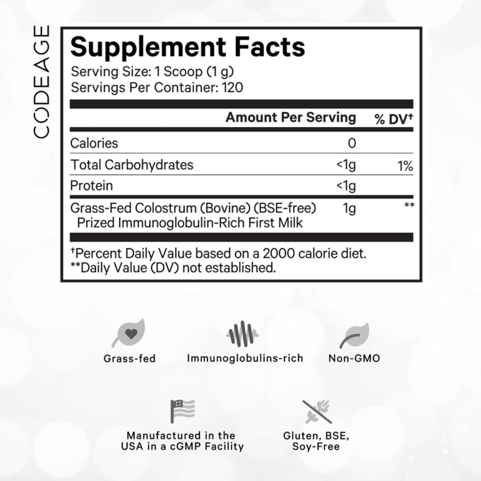 Codeage Bovine Colostrum Powder Unflavored Immunoglobulin Rich, Colostru Bovin Cu Imunoglobuline Pentru Imunitate Si Digestie Fara Aroma, 120g [11]