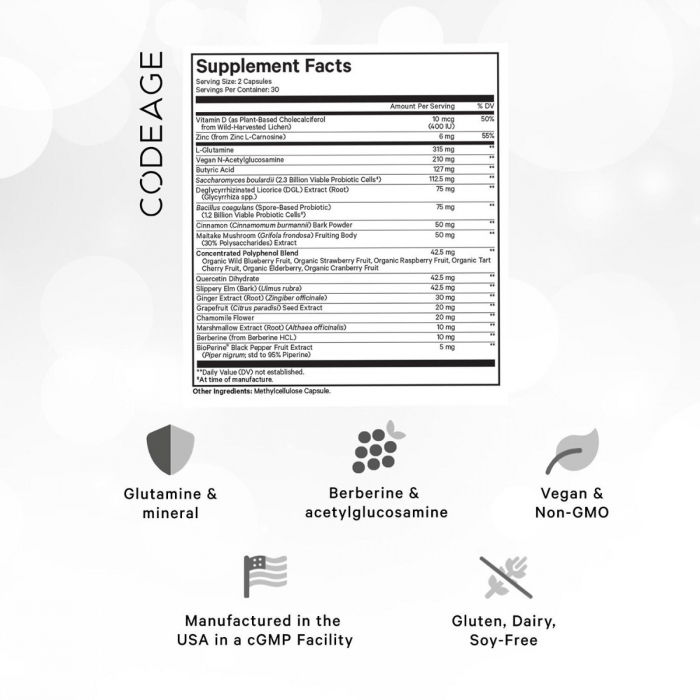 Codeage Leaky Gut Supplement - L-glutamine, Prebiotics, Probiotics, Postbiotic, Formula Avansata Pentru Sanatatea Intestinala, 60 Cps [3]