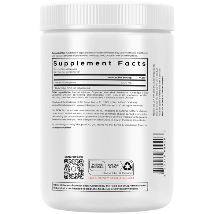 Codeage Liposomal Creatine Monohydrate, Creatina Monohidrata Lipozomala, 360 Cps [3]