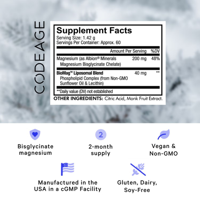 Codeage Liposomal Magnesium Glycinate, Magneziu Bisglicinat Lipozomal - Formula Avansata Pentru Absorbtie Superioara, 85.20 G [2]