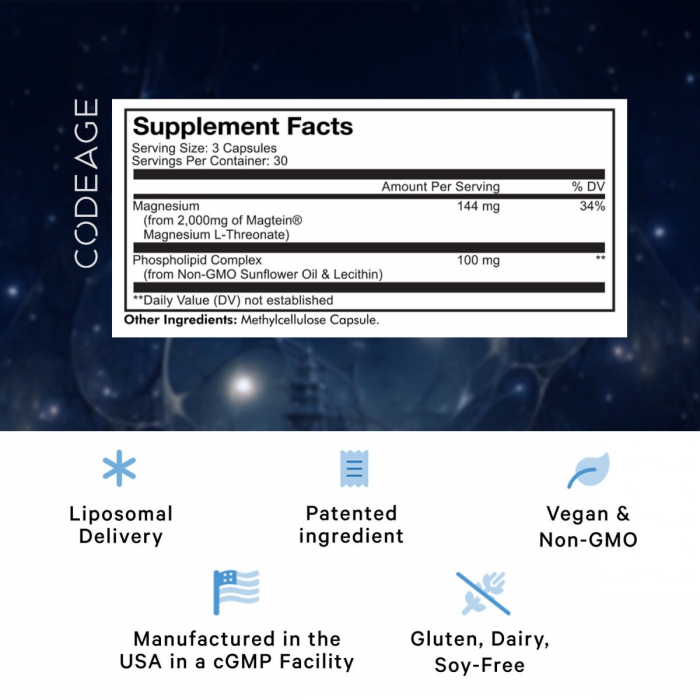 Codeage Liposomal Magnesium L-threonate, Magneziu L-treonat Liposomal Cu Fosfolipide - Formula Avansata Pentru Absorbtie Superioara, 90 Cps [7]