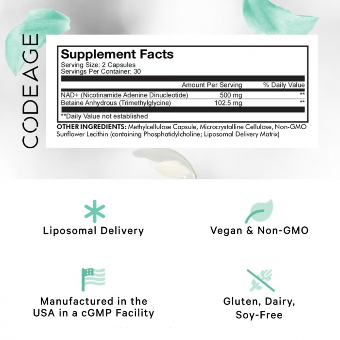 Codeage Liposomal Nad+ Eternal, Nicotinamide Adenine Dinucleotide, Nad+ Liposomal Cu Betaina Tmg, 60 Cps [2]