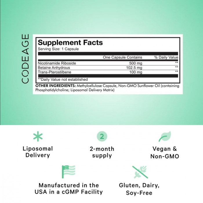 Codeage Liposomal Nicotinamide Riboside+, Nr+ Nicotinamida Lipozomala Ribozida + Tmg Si Pterostilben, 60 Cps [3]