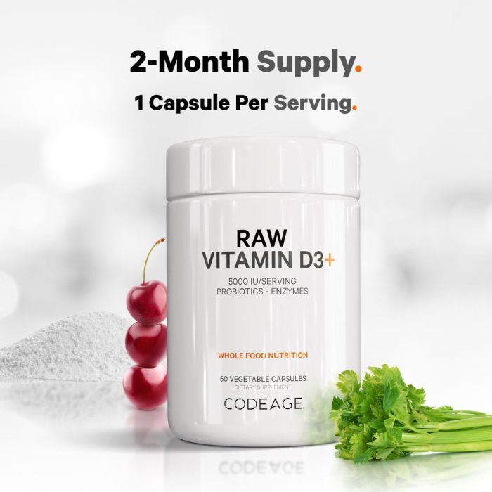 Codeage Raw Vitamin D3, Vitamina D3 (5000 Iu) Naturala Din Saccharomyces Cerevisiae, 60 Cps [8]