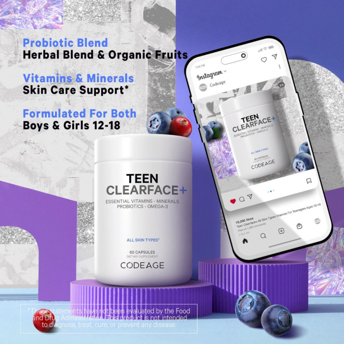 Codeage Teen Clearface Daily Multivitamin & Minerals, Complex de Multivitamine pentru Adolescenti pentru Ten Sanatos, 60 cps [6]