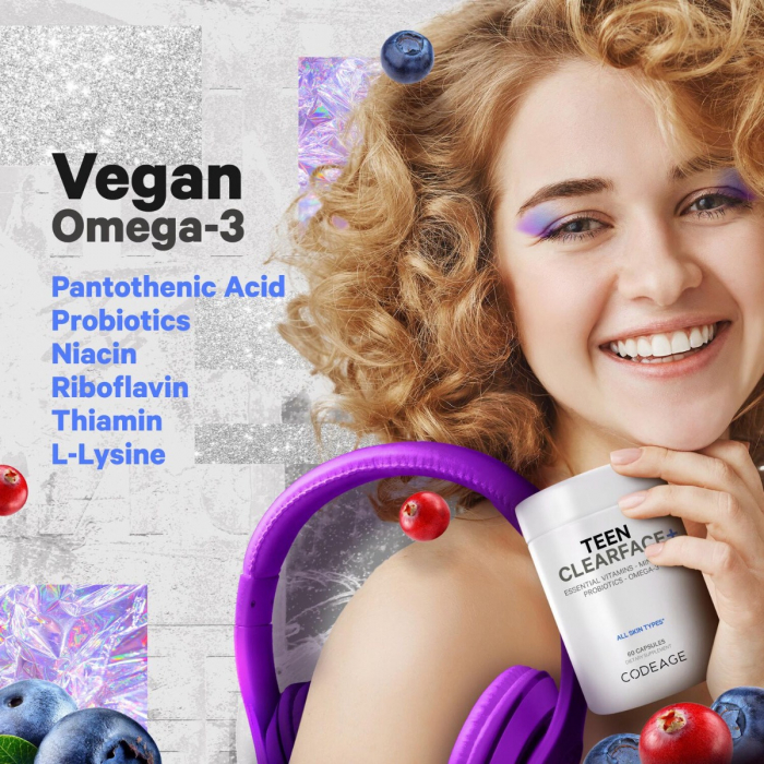 Codeage Teen Clearface Daily Multivitamin & Minerals, Complex de Multivitamine pentru Adolescenti pentru Ten Sanatos, 60 cps [5]
