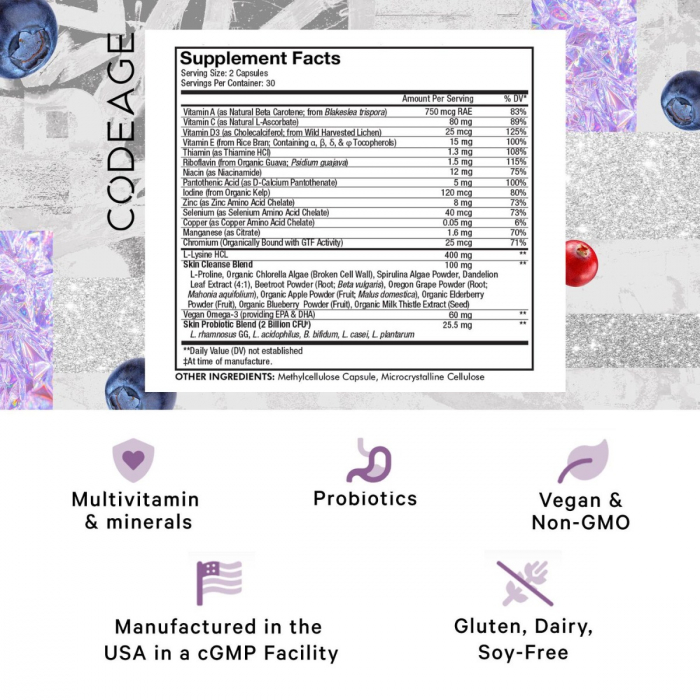 Codeage Teen Clearface Daily Multivitamin & Minerals, Complex de Multivitamine pentru Adolescenti pentru Ten Sanatos, 60 cps [2]