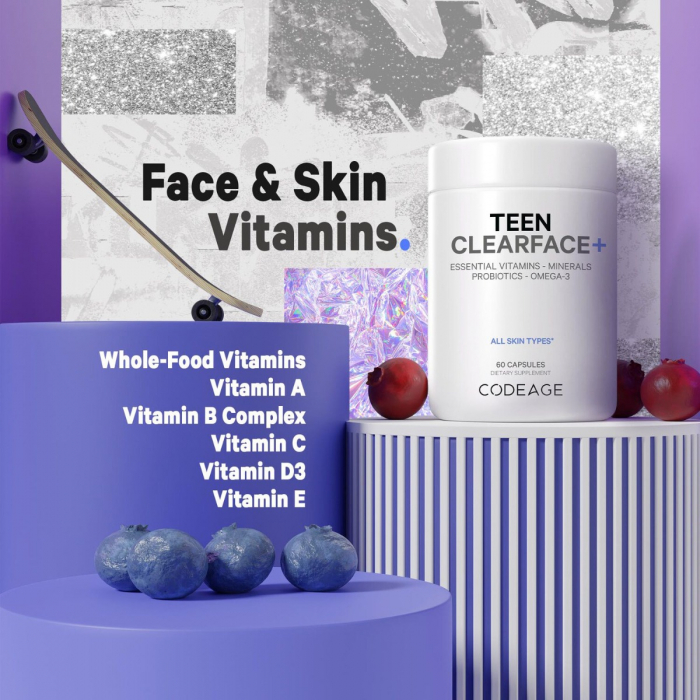 Codeage Teen Clearface Daily Multivitamin & Minerals, Complex de Multivitamine pentru Adolescenti pentru Ten Sanatos, 60 cps [4]