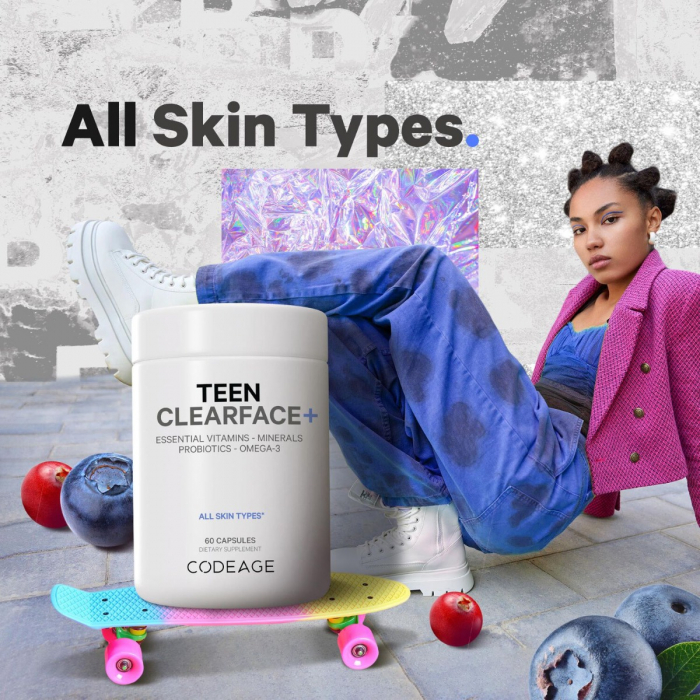 Codeage Teen Clearface Daily Multivitamin & Minerals, Complex de Multivitamine pentru Adolescenti pentru Ten Sanatos, 60 cps [7]